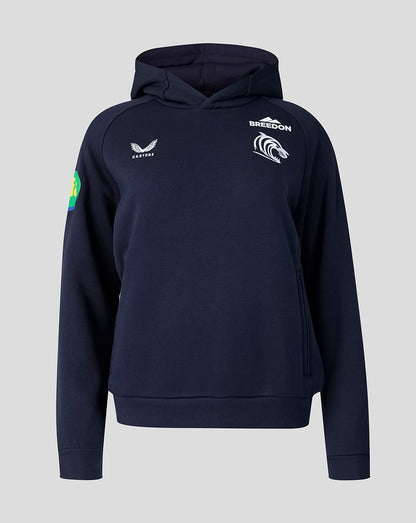 Navy travel hoodie with Leicester Tigers crest and Castore branding, front view