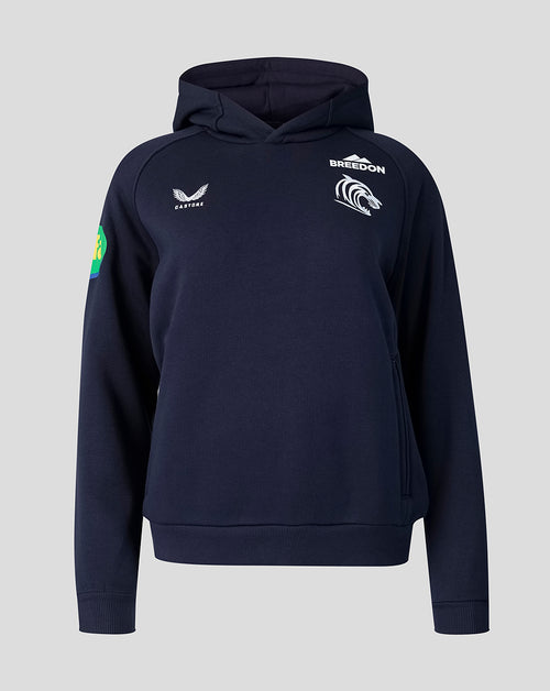 Navy travel hoodie with Leicester Tigers crest and Castore branding, front view