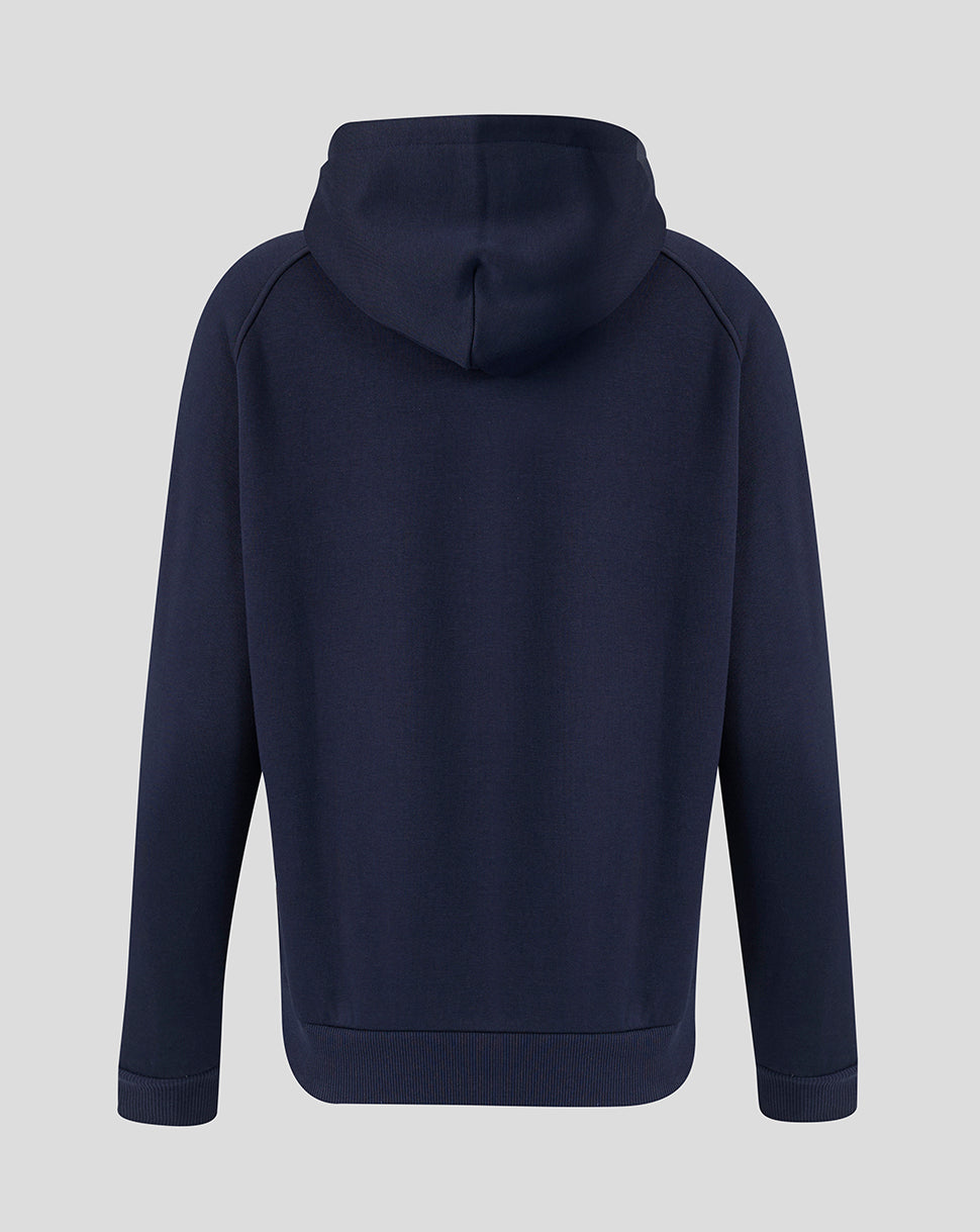 Back view of navy Leicester Tigers travel hoodie with hood up and ribbed hem