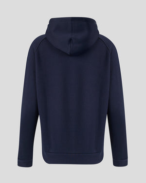Back view of navy Leicester Tigers travel hoodie with hood up and ribbed hem