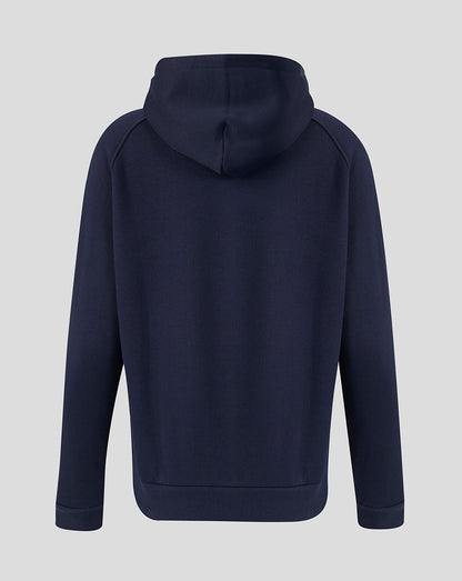 Back view of navy Leicester Tigers travel hoodie with hood up and ribbed hem