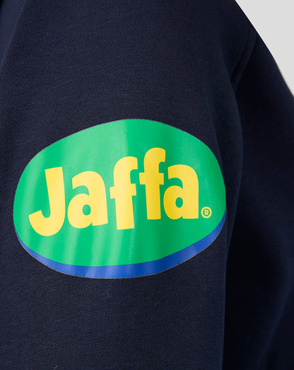Navy Travel Hoodie sleeve features a large bright green Jaffa logo graphic