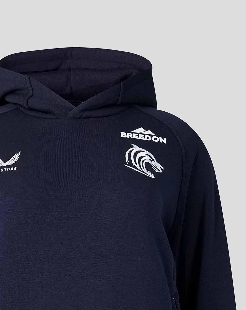 Navy Leicester Tigers Adapt Fleece Travel Hoodie chest with crest and Breedon logo