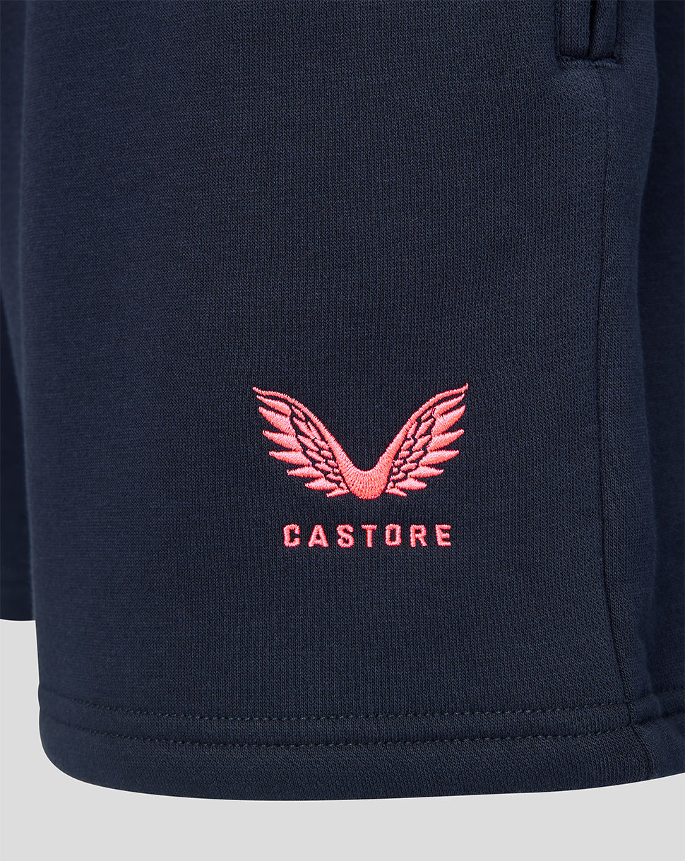 Navy blue fabric with red embroidered logo on a light gray background