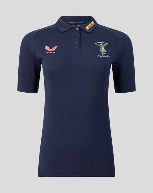 Navy blue polo shirt with brand logos on a light gray background