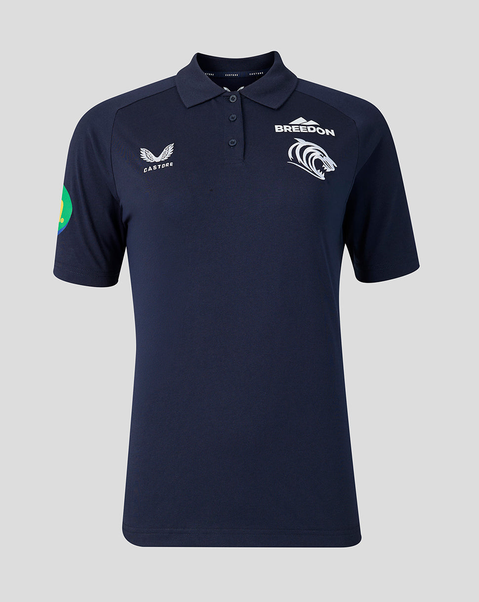 Front view of navy Leicester Tigers travel polo showing polo collar and branding on chest.