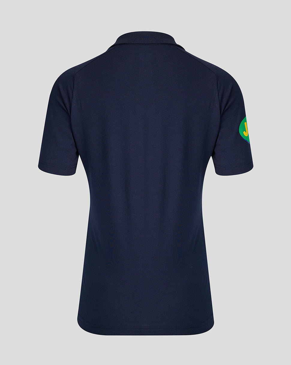 Back view of navy Leicester Tigers 2026/27 Travel Polo with a green and yellow circular sleeve patch.