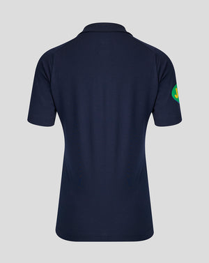 Back view of navy Leicester Tigers 2026/27 Travel Polo with a green and yellow circular sleeve patch.