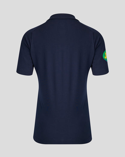 Back view of navy Leicester Tigers 2026/27 Travel Polo with a green and yellow circular sleeve patch.