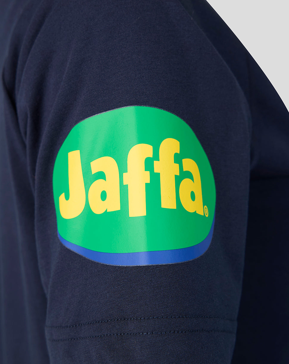 Navy Leicester Tigers travel polo sleeve with a bright green Jaffa logo patch.