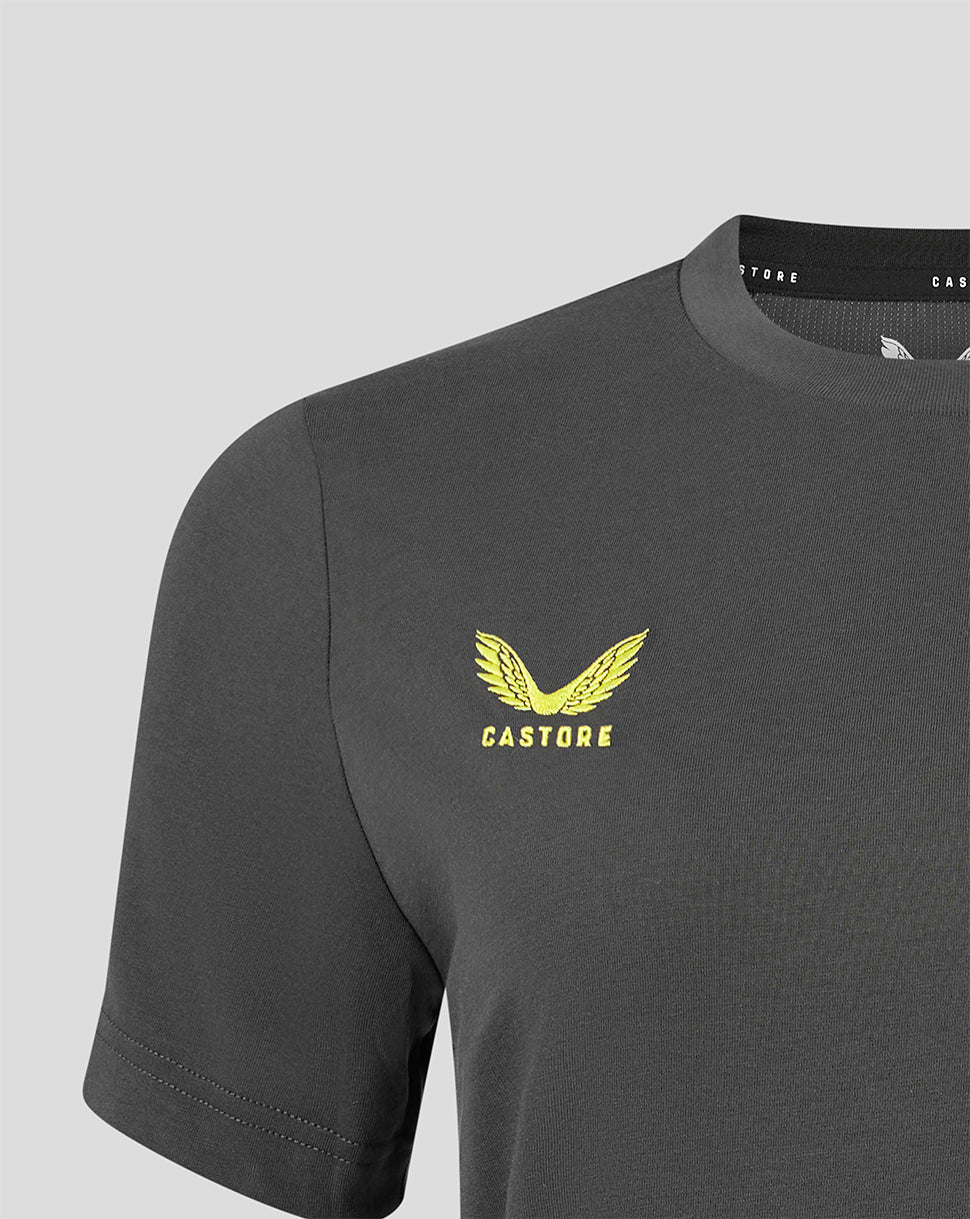 A close-up of a dark gray Castore short-sleeve t-shirt featuring a yellow winged eagle logo and the brand name 'CASTORE' printed on the left chest, set against a light gray background.