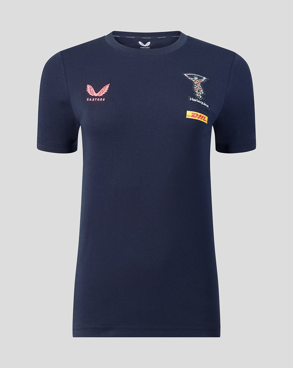 Navy blue t-shirt with logos on a gray background