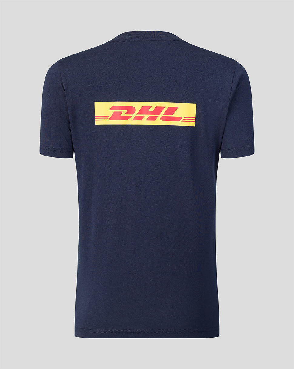 Navy blue t-shirt with DHL logo on the back against a gray background