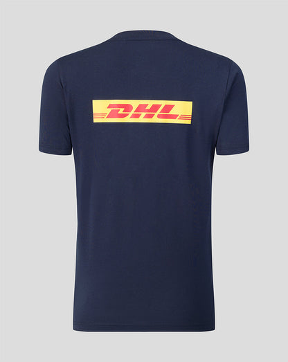 Navy blue t-shirt with DHL logo on the back against a gray background