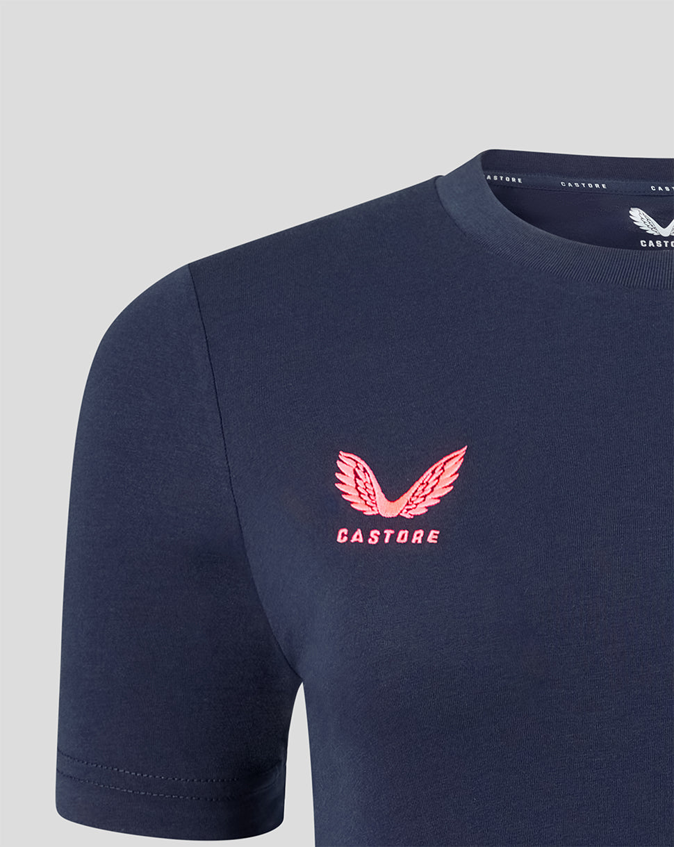 Navy blue t-shirt with pink logo and text on a light gray background