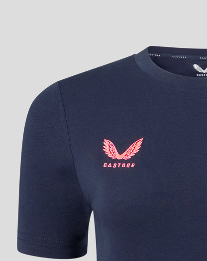 Navy blue t-shirt with pink logo and text on a light gray background