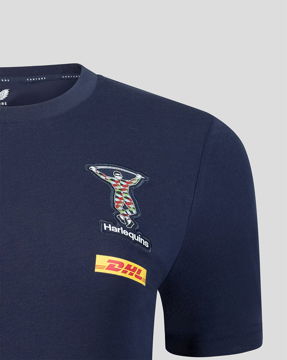 Navy blue sweatshirt with Harlequins and DHL logos on a light gray background