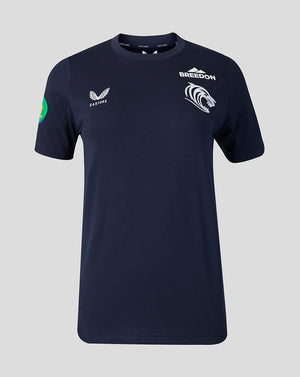 Front view of navy Leicester Tigers Travel T Shirt with sponsor logos on the chest