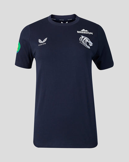 Front view of navy Leicester Tigers Travel T Shirt with sponsor logos on the chest