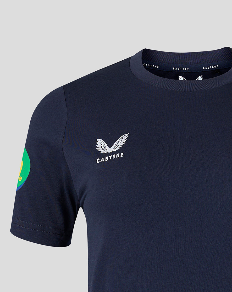 Navy Leicester Tigers Travel T Shirt close up of chest with white Castore logo