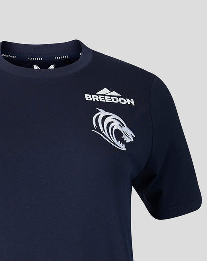 Navy Leicester Tigers Travel T Shirt chest featuring Breedon logo and tiger graphic