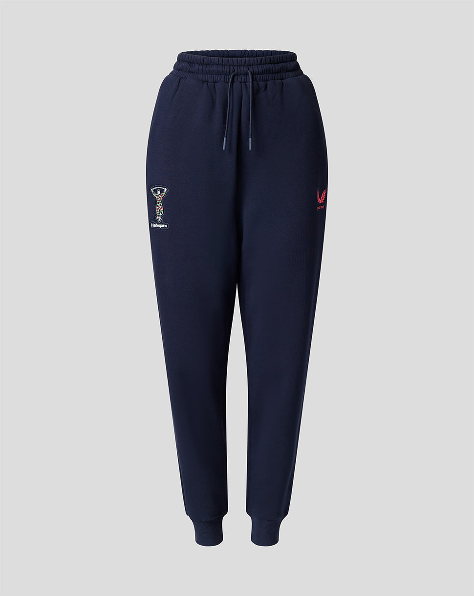 Navy women's Travel Adapt fleece joggers with Harlequins crest patch on the thigh