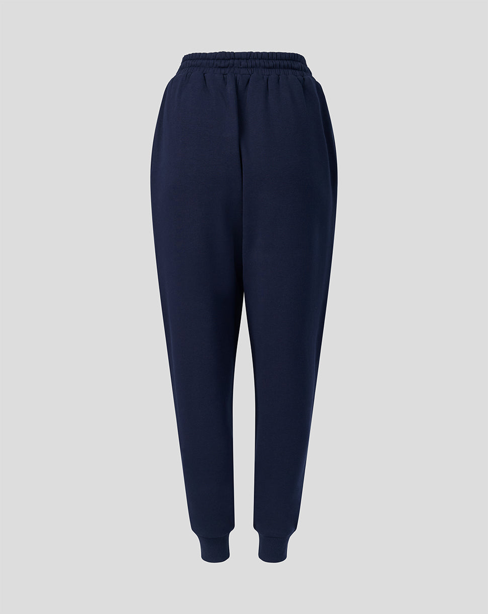 Navy Harlequins Travel Adapt fleece joggers full front view with elastic waistband ribbed cuffs and side pockets