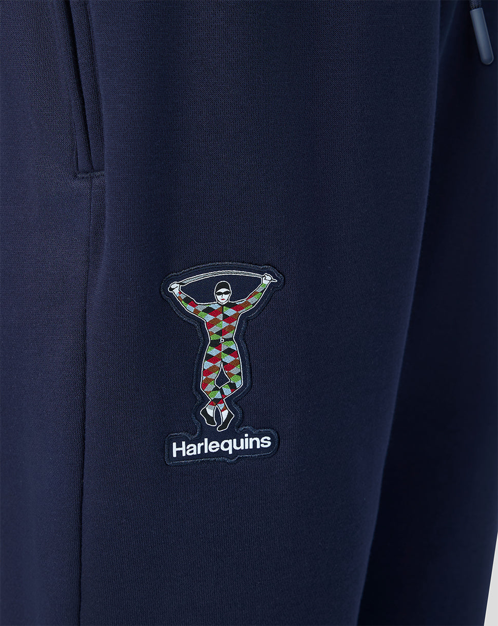 Harlequins navy fleece joggers close up showing crest embroidery on the leg