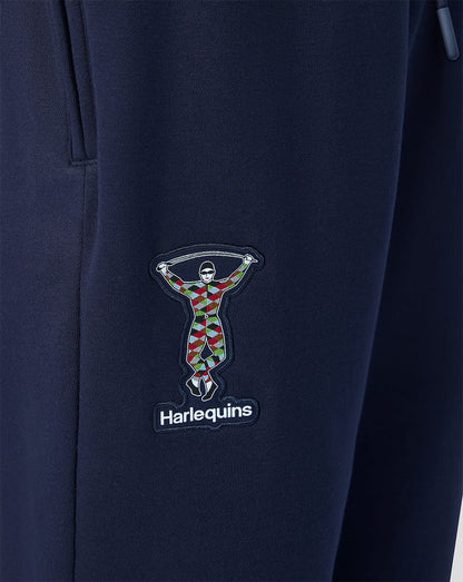 Harlequins navy fleece joggers close up showing crest embroidery on the leg