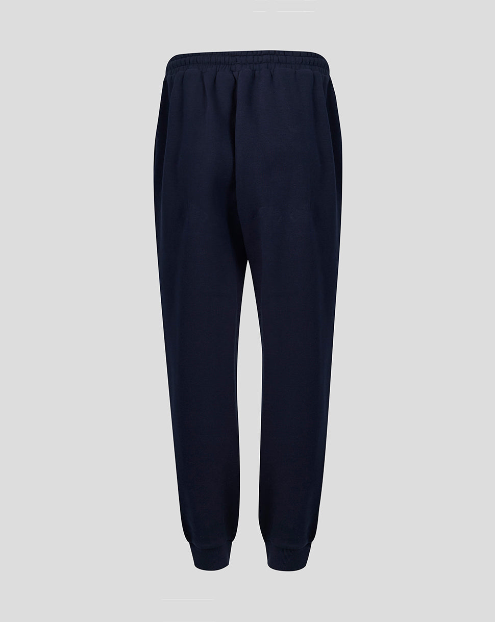 Back view of navy Leicester Tigers travel joggers with elastic cuffs and drawstring waistband