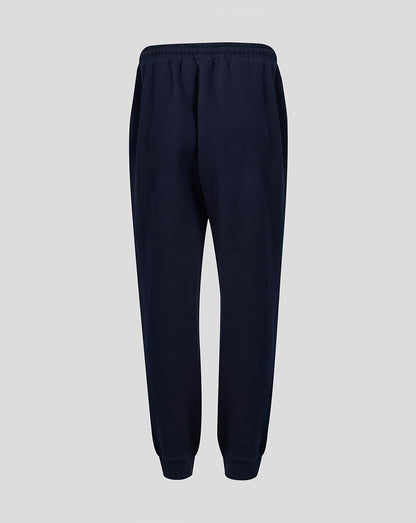 Back view of navy Leicester Tigers travel joggers with elastic cuffs and drawstring waistband