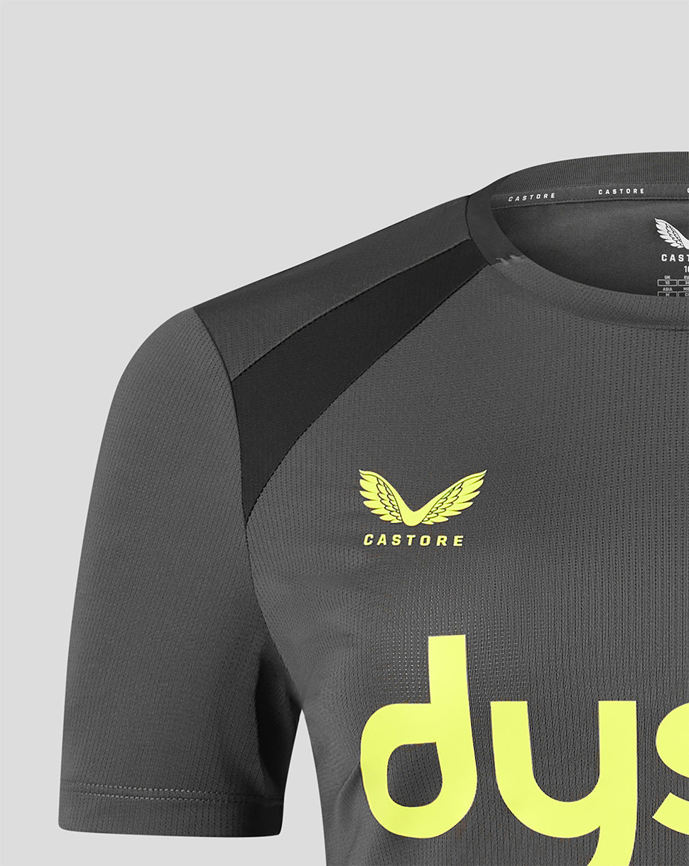 Close-up of a dark gray Castore athletic jersey with a yellow wing logo and the word 'CASTORE' on the chest, featuring a black shoulder panel and a large yellow 'dys' logo on the front.