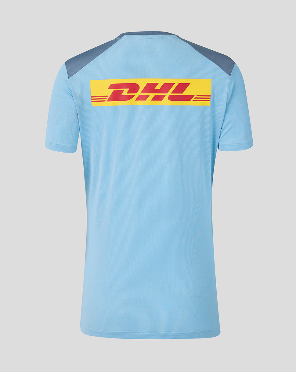 Light blue t-shirt with DHL logo on the back against a gray background