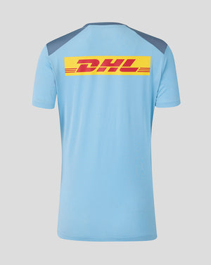 Light blue t-shirt with DHL logo on the back against a gray background
