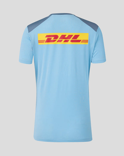 Light blue t-shirt with DHL logo on the back against a gray background