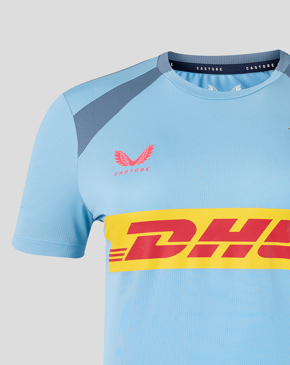 Light blue sports jersey with red and yellow DHL logo on a gray background