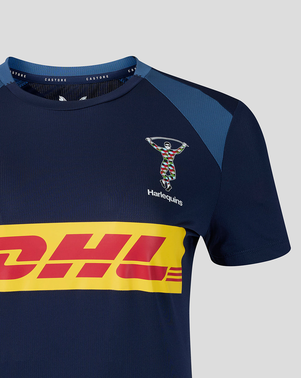 Navy sports jersey with DHL logo and Harlequins emblem on a light gray background
