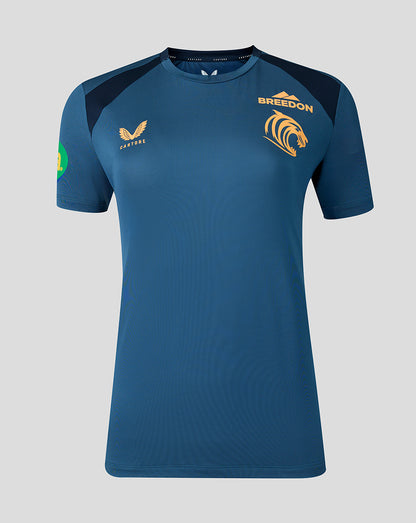Front view of blue Leicester Tigers training T-Shirt with crest and Castore branding.