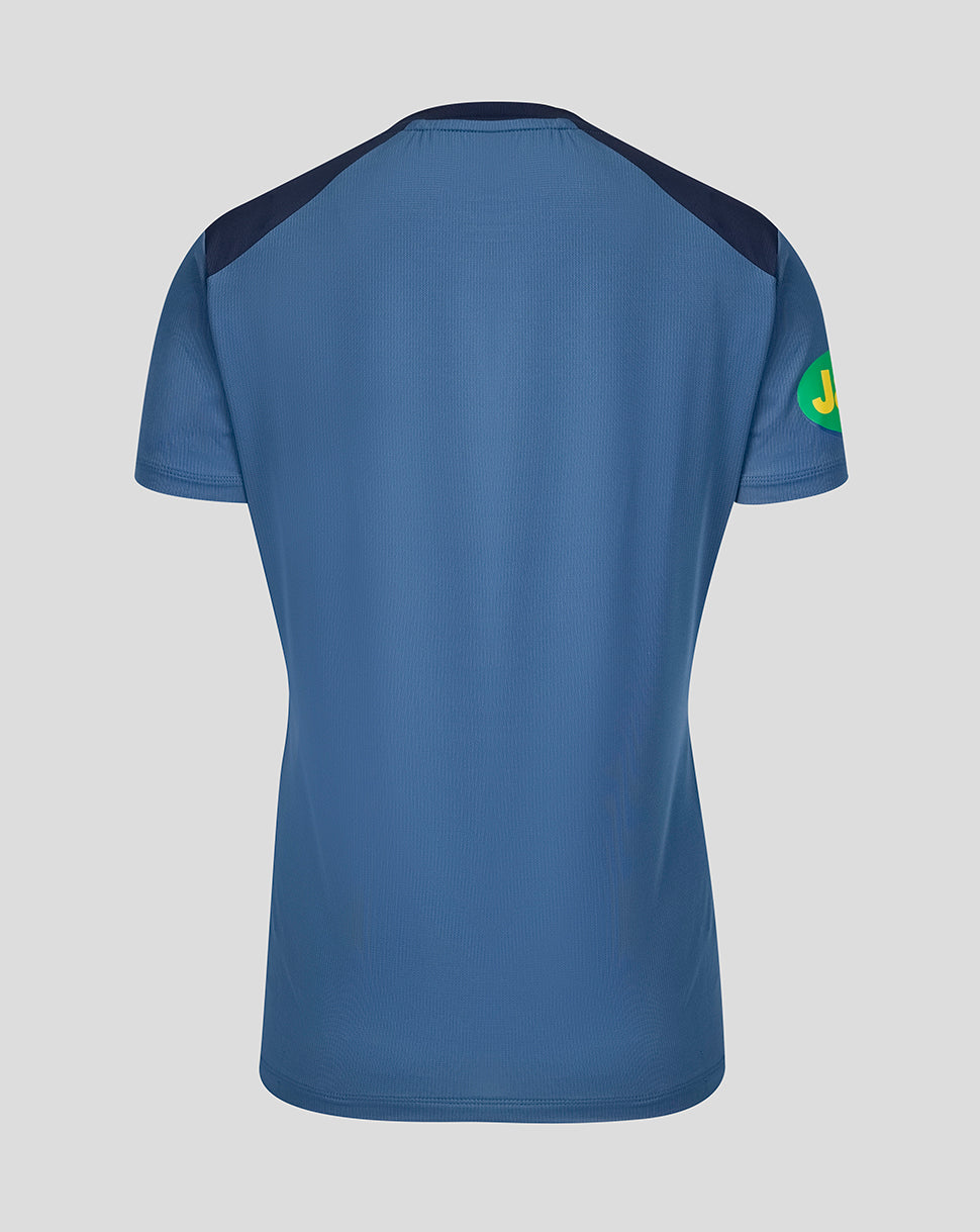 Back view of blue training T-Shirt showing dark shoulder panels and a green circular sleeve patch.