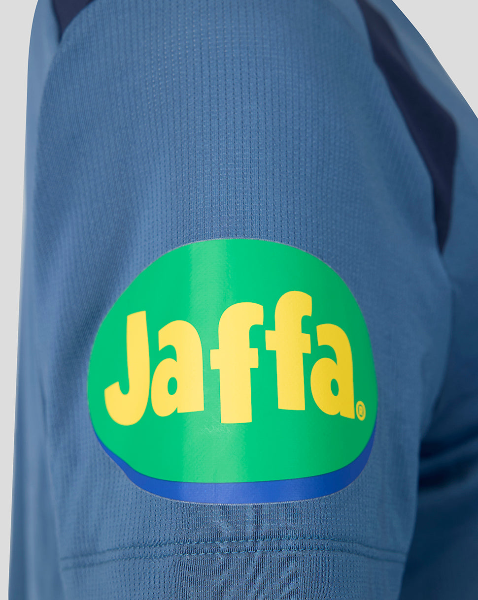 Sleeve close up of blue Leicester Tigers training shirt with Jaffa sponsor patch.