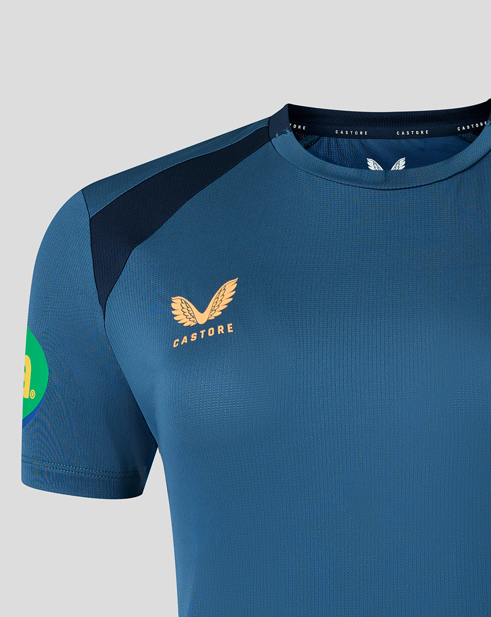 Blue training shirt chest featuring Breedon crest and Castore branding.