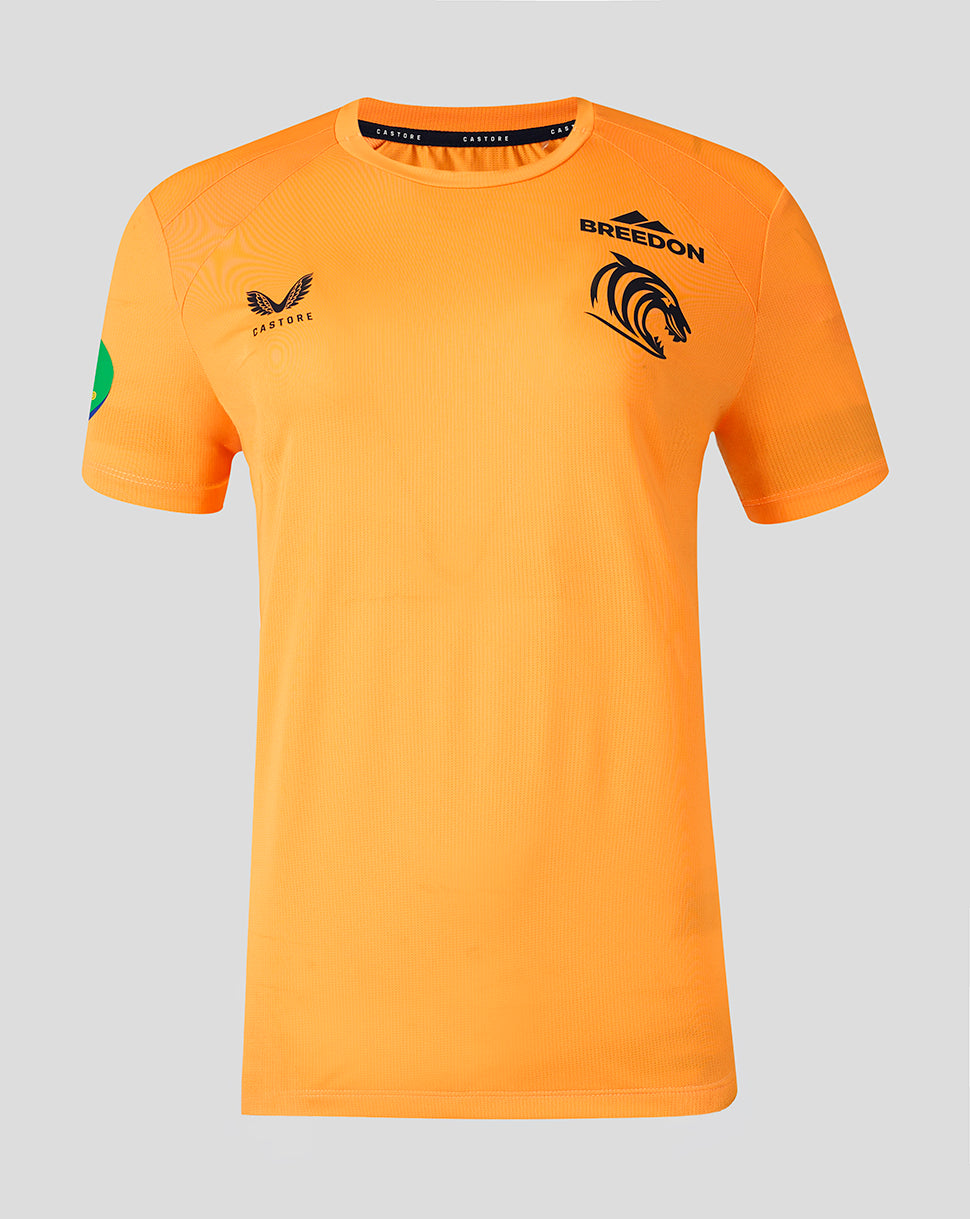 Bright orange Leicester Tigers 2026/27 Training T-Shirt front view with crest and Castore branding.