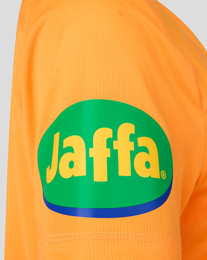 Orange Leicester Tigers training T shirt sleeve with large green jaffa sponsor logo