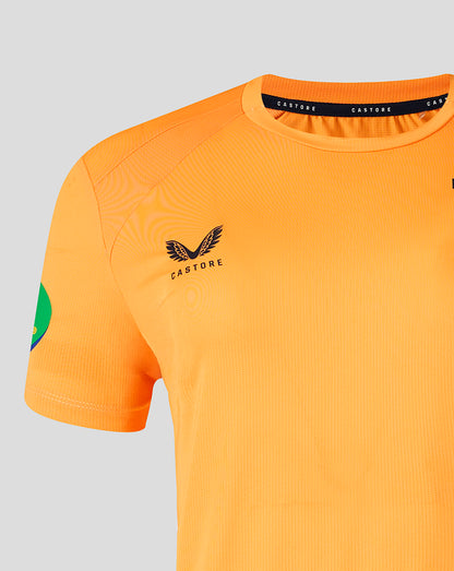 Orange Leicester Tigers training T shirt close up showing Castore branding at collar