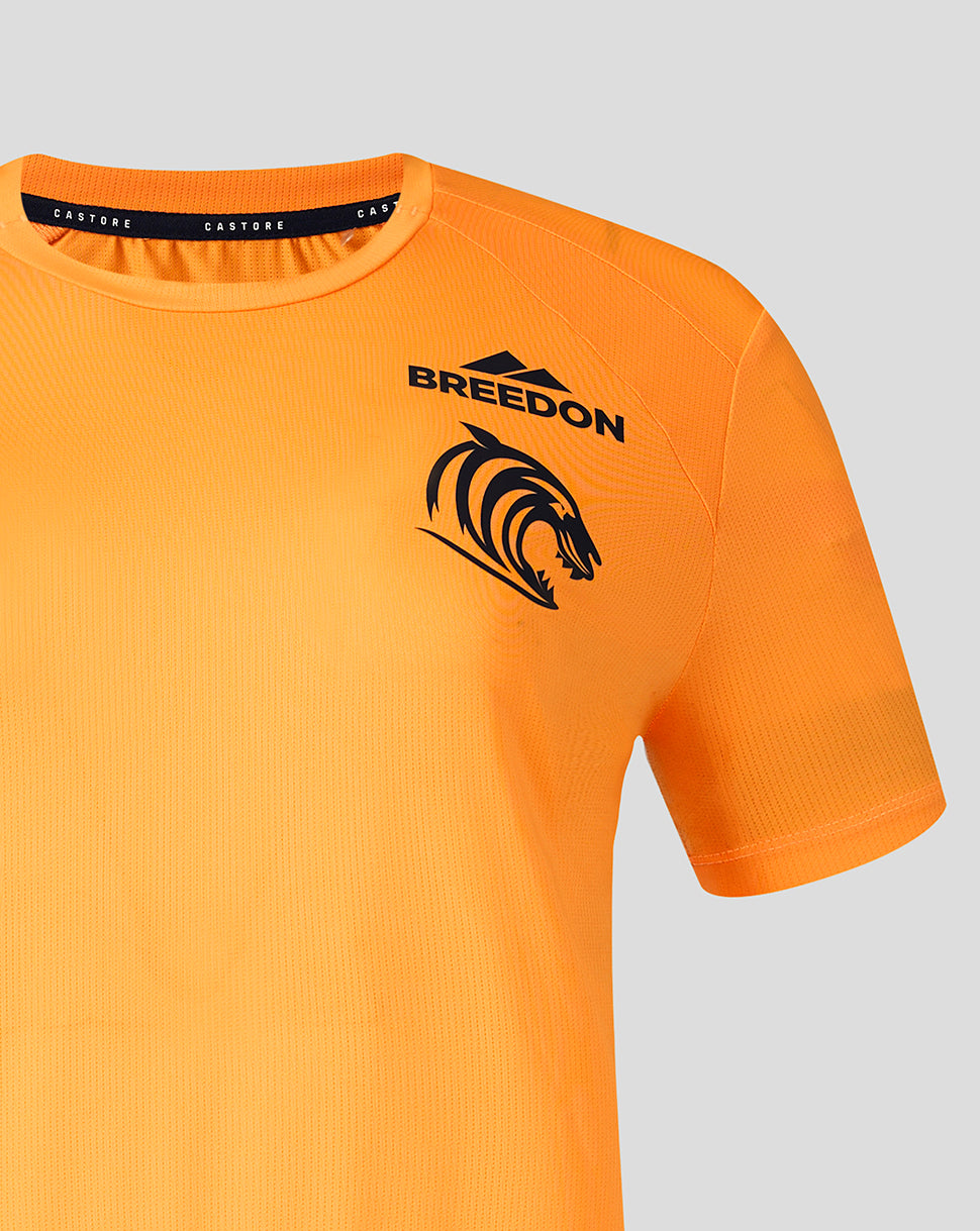 Leicester Tigers orange training T shirt with Breedon logo and tiger crest on the chest