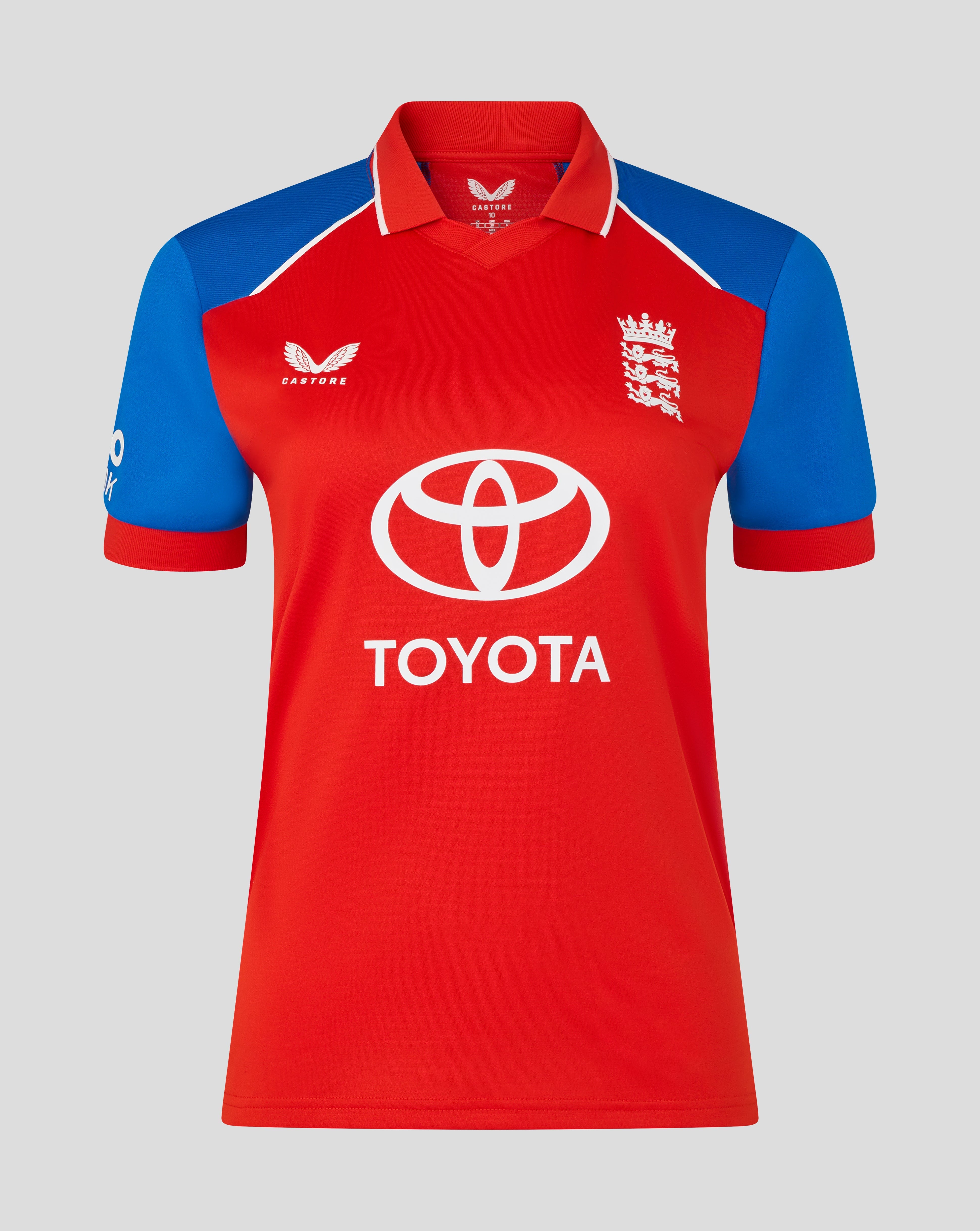 Red and blue sports jersey with Toyota logo on a gray background