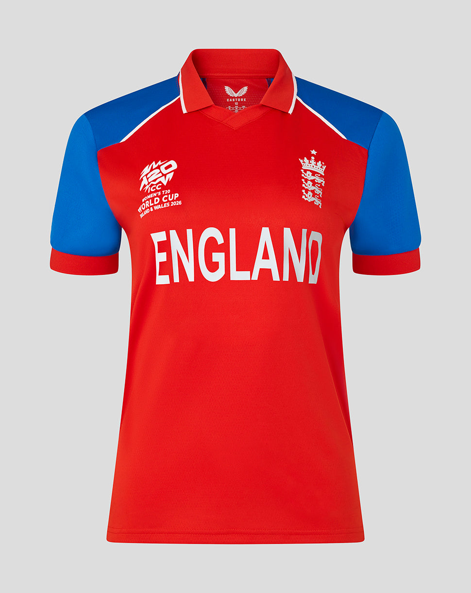 Red and blue England sports jersey on a light gray background