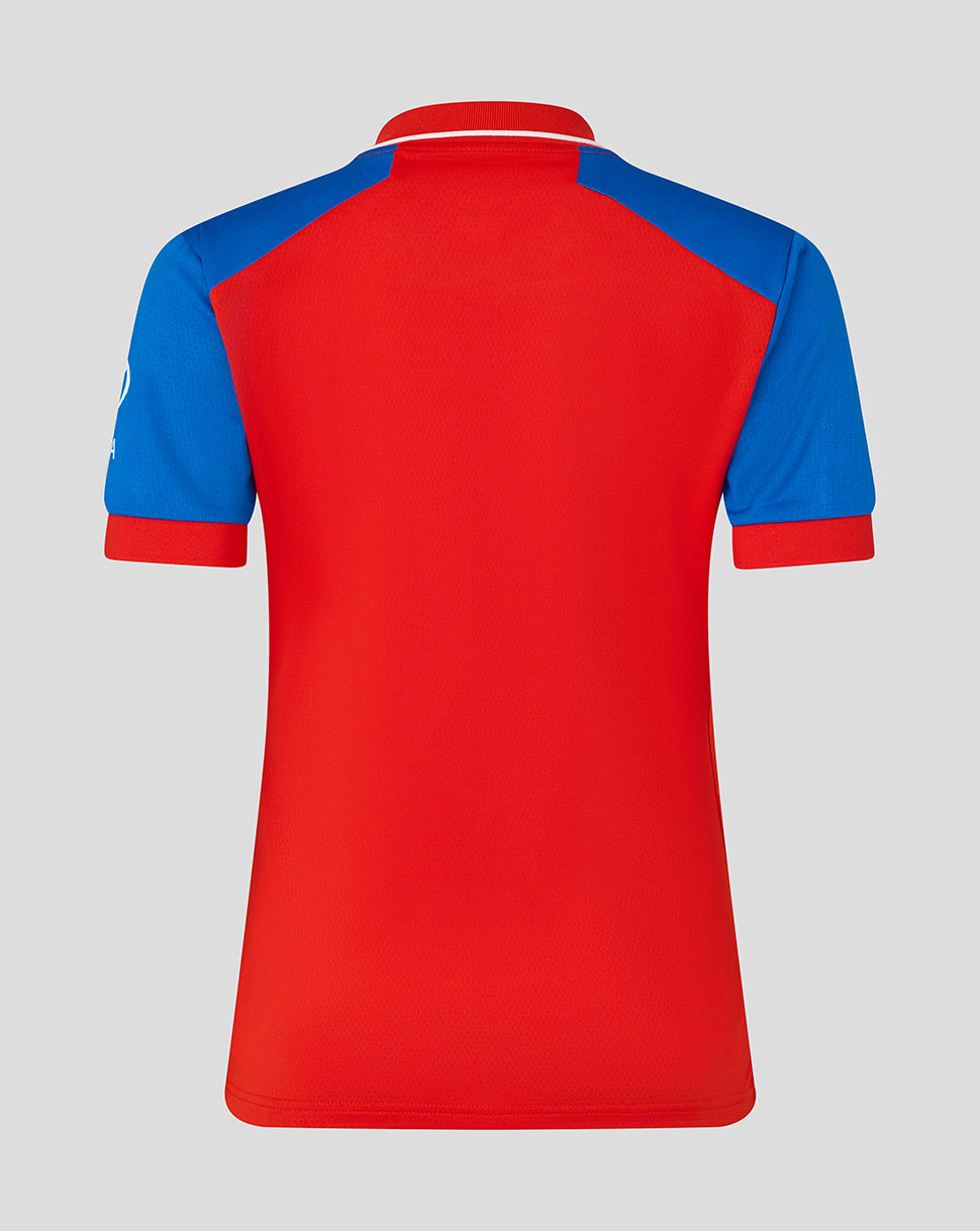 Red and blue polo shirt on a gray background