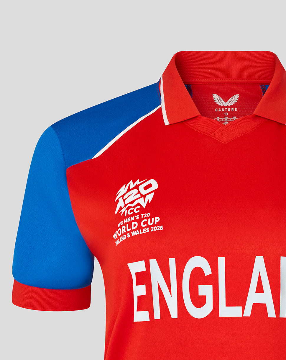 Red sports jersey with blue sleeves featuring 'England' and rugby world cup branding on a light gray background.