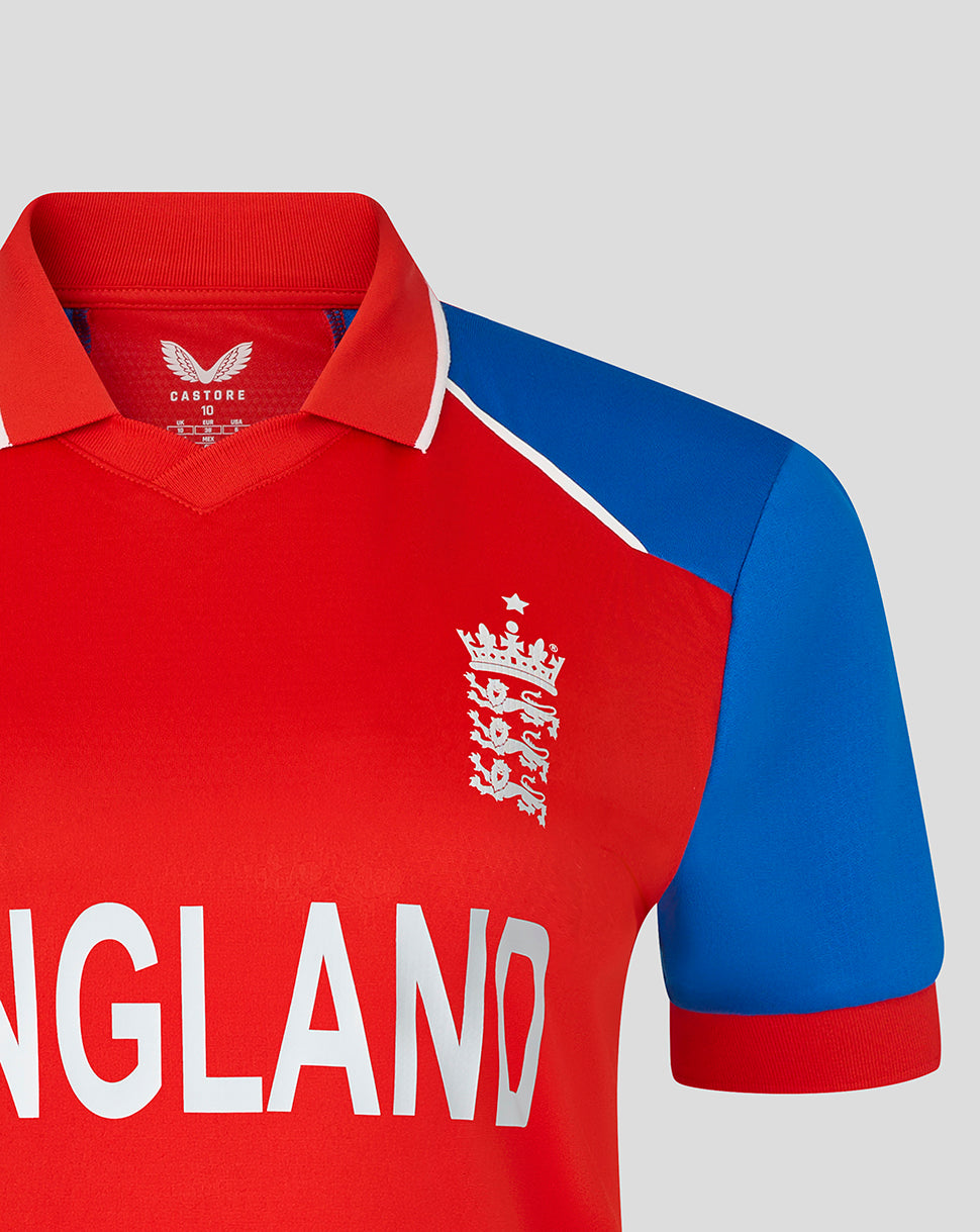 Red and blue sports jersey with 'England' text and logo on a gray background